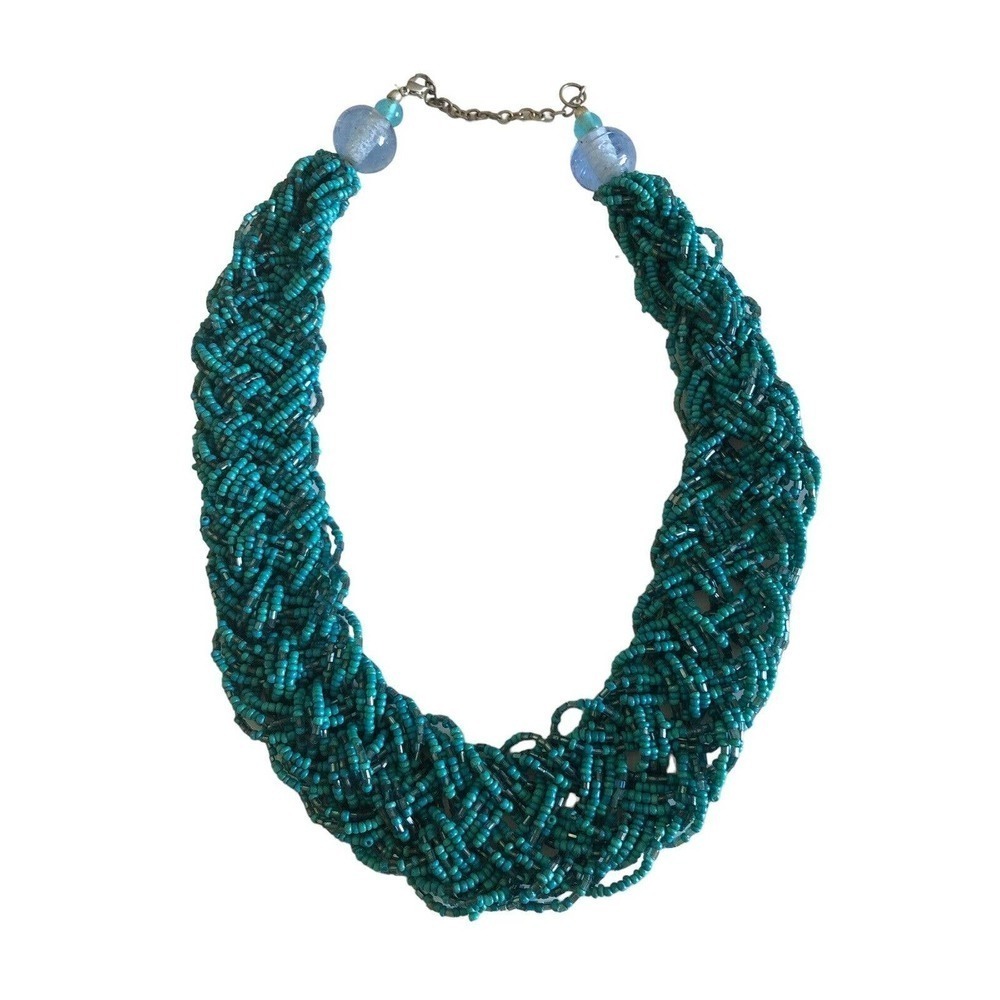 vintage turquoise & silver tone seed bead woven bib collar necklace